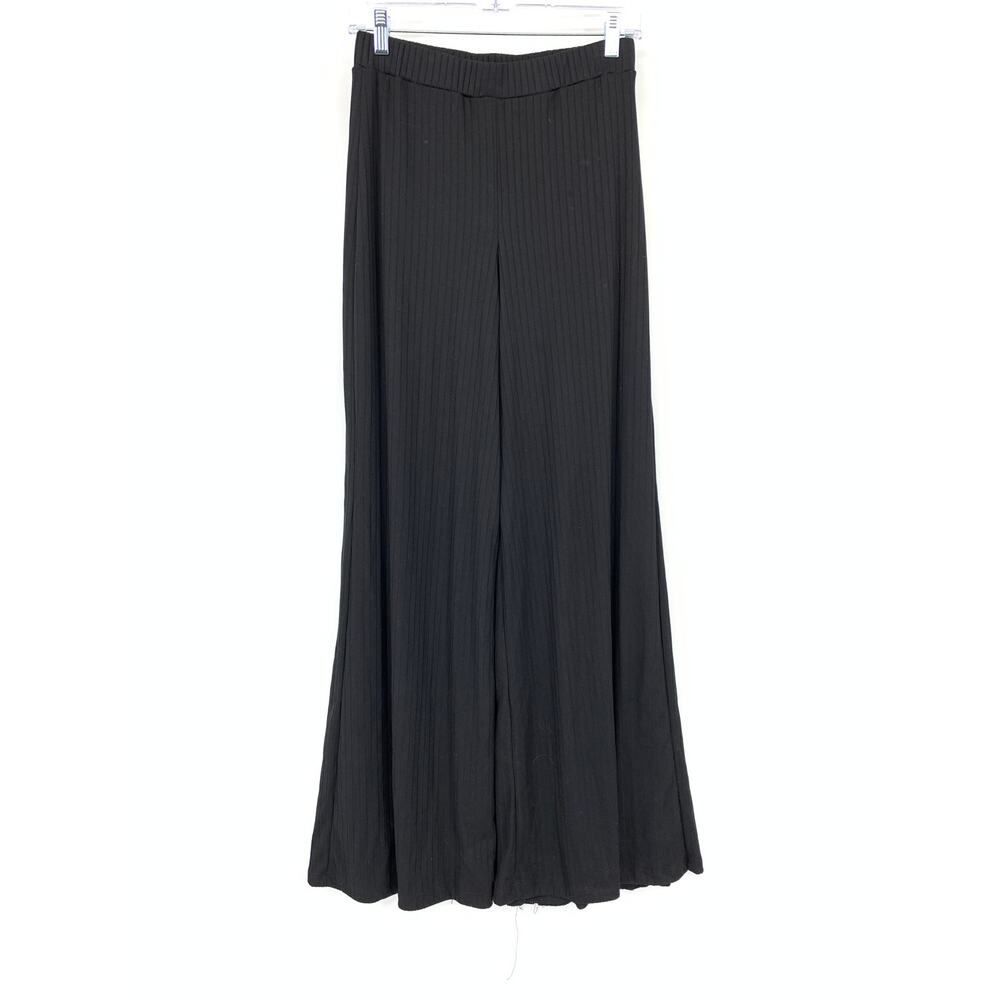 Lulus Women’s Black Ribbed Wide Leg Pants Small Flare Palazzo Pull On